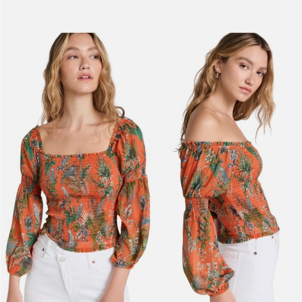 L'AGENCE Orange Floral Smocked Blouse Size XS